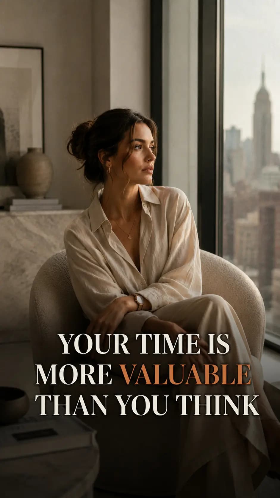 Vertical video with elegant serif captions and an orange highlighted word